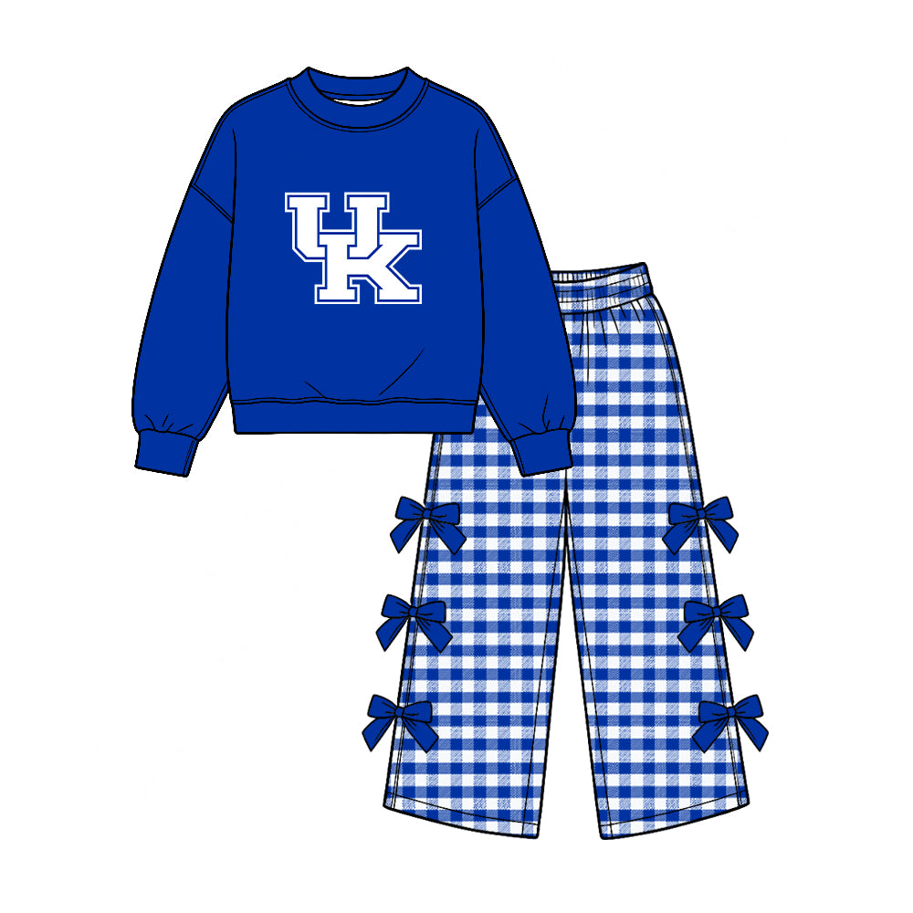 Preorder (moq 5) Baby Girl Clothes Kentucky Wildcats UK Graphic Long Sleeve Top Gingham Bow Wide Leg Pant Outfit Set
