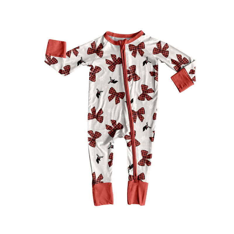 Preorder(moq 5)Baby Girls Red Bows Deer Snowflake Christmas Zipper Footie Rompers