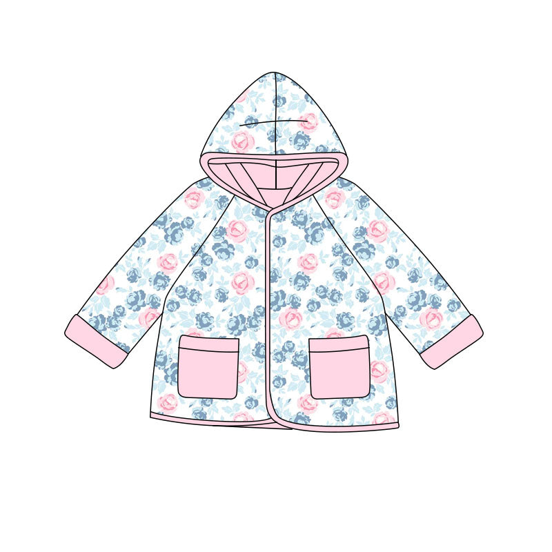 Preorder(moq 5) Baby Girls Pink Blue Flowers Pockets Zipper Hoodies Jacket Top