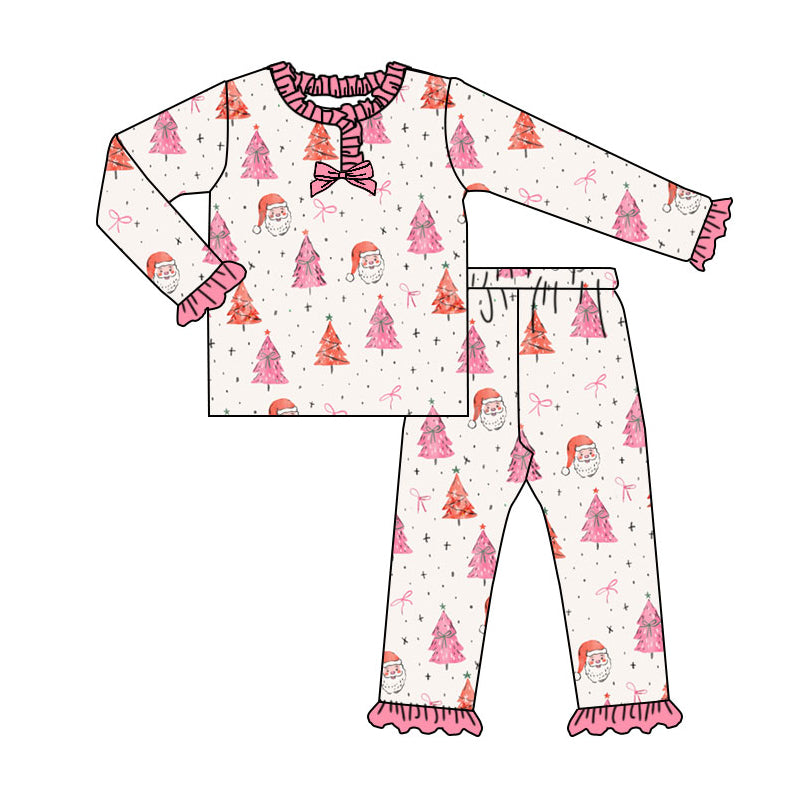 Preorder (moq 5)Baby Girls Pink Trees Santa Christmas Ruffle Pants Pajamas Sets
