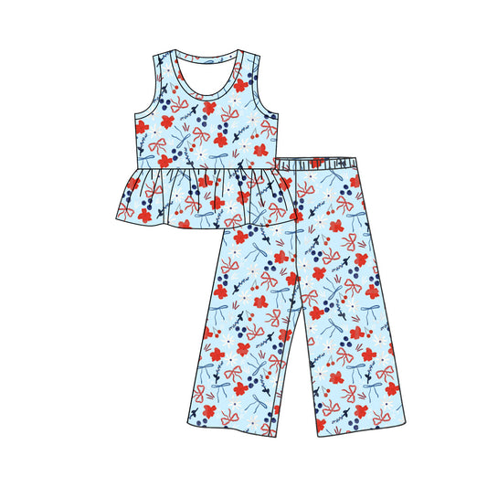 Preorder (moq 5)Baby Girls Bows Cherry Blueberry Tunic Flare Pant 4th of July Clothes Sets