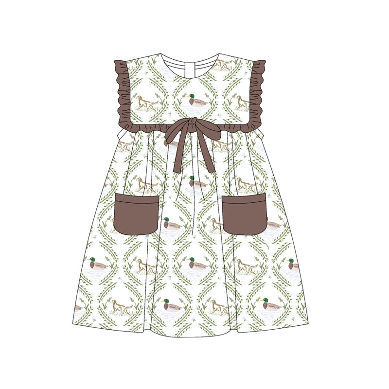 Preorder (moq 5)Baby Girls Dark Brown Sleeveless Ducks Dogs Plaid Pockets Knee Length Dresses