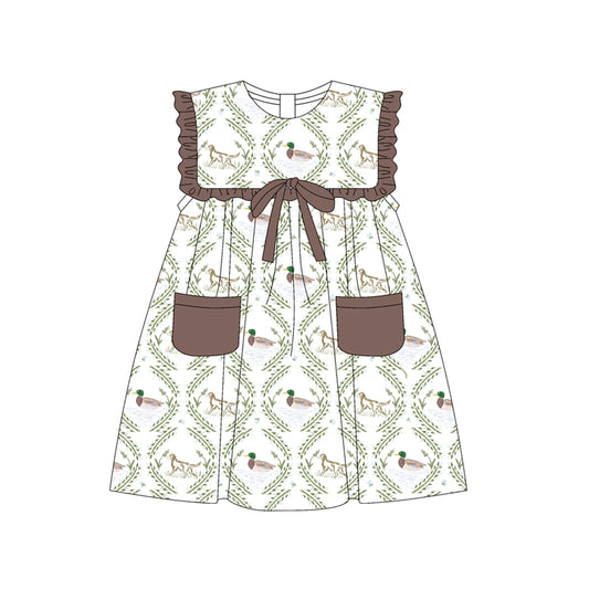 Preorder (moq 5)Baby Girls Dark Brown Sleeveless Ducks Dogs Plaid Pockets Knee Length Dresses