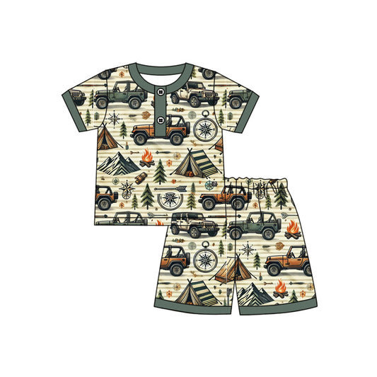 Preorder moq 5 Baby Boys Green Short Sleeves Camping Tent Button Top Short Pajamas Set