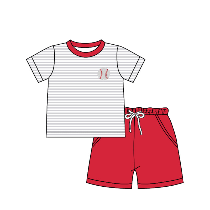 Preorder (moq 5)Baby Boys Short Sleeves Stripe Baseball Top Pockets Red Short Set