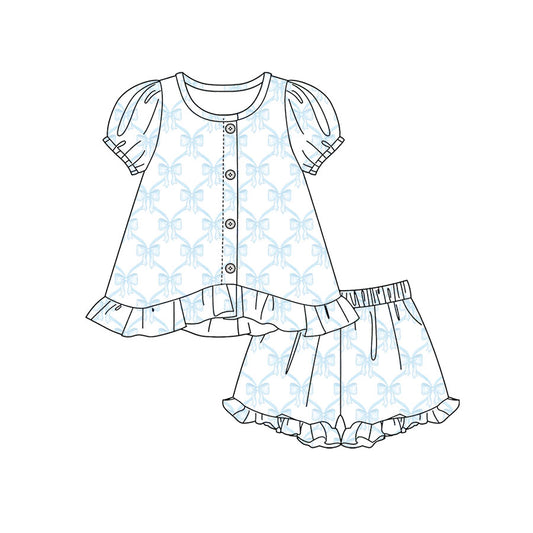 Preorder moq 5 Baby Girls Aqua Bows Checked Button Tunic Ruffle Shorts Clothes Set