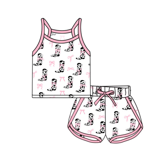 Preorder (moq 5)Baby Girls Pink Strap Bows Cow Print Boots Top Shorts Sport Clothes Sets
