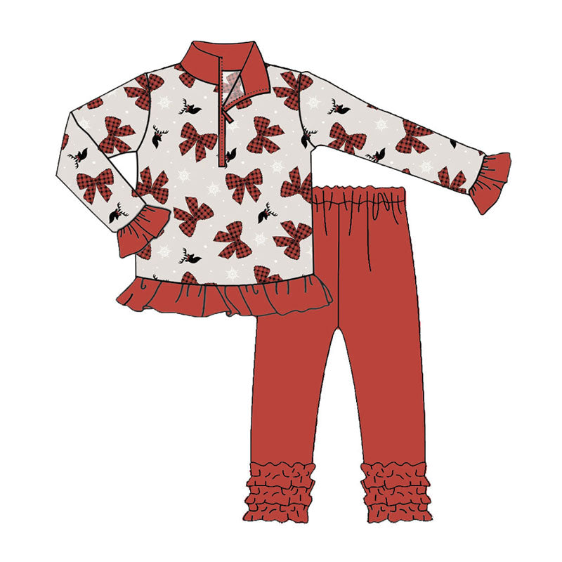 Preorder (moq 5)Baby Girls Red Bows Deer Zipper Pullovers Ruffle Leggings Christmas Set