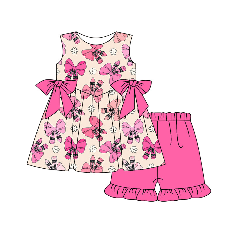 Preorder (moq 5)Baby Girls Back To School Bow Crayons Tunic Ruffle Shorts Clothes Sets