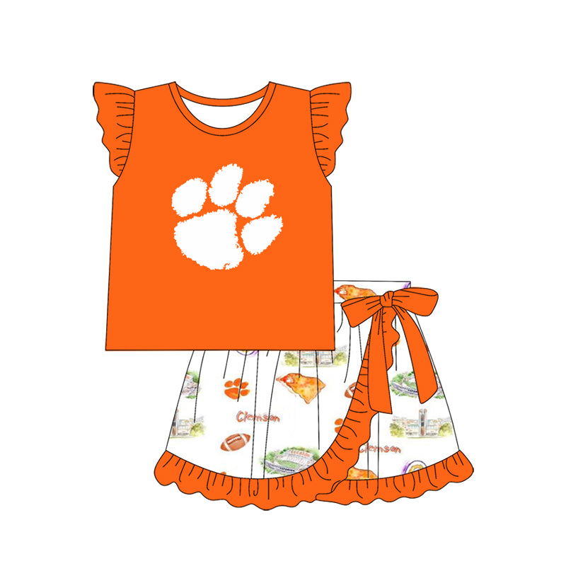 Preorder (moq 5)Baby Girls Clemson Team Tee Top Ruffle Skirts Clothes Sets