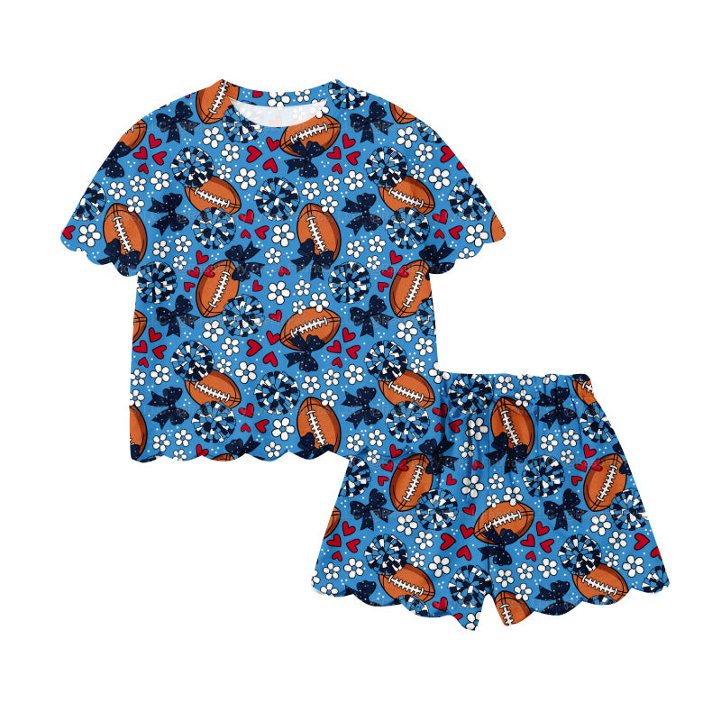 Preorder (moq 5)Baby Girls Hot Blue Hearts Footballs Top Scallop Shorts Team Cheer Clothes Sets