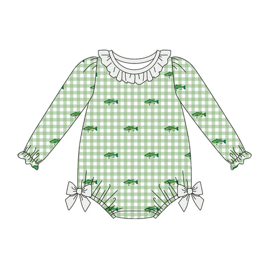 Preorder (moq 5)Baby Girls Long Sleeve Fishes Hunting Checked Ruffle Rompers
