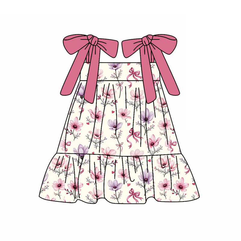 Preorder (moq 5)Baby Girls Hot Pink Strap Floral Knee Length Dresses