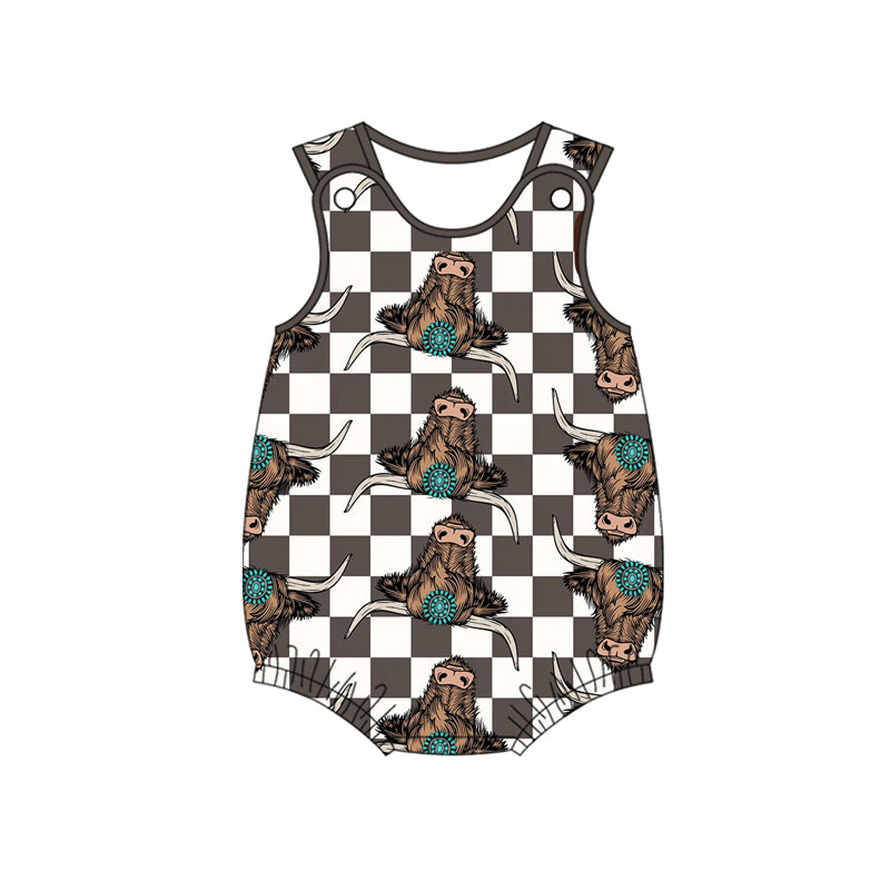 Preorder(moq 5)Baby Infant Boys Western Black Checkered Highland Cow Summer Rompers