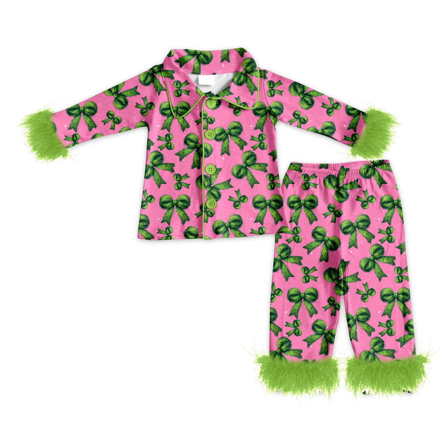 Preorder(moq 5) Baby Girls Fur Long Sleeves Green Bows Plaid Button Hoodies Top Pants Set