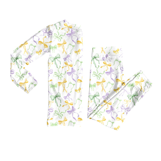 Preorder (moq 20)Baby Girls Bamboo Green Yellow Purple Bows Mardi Gras Pajamas Sets