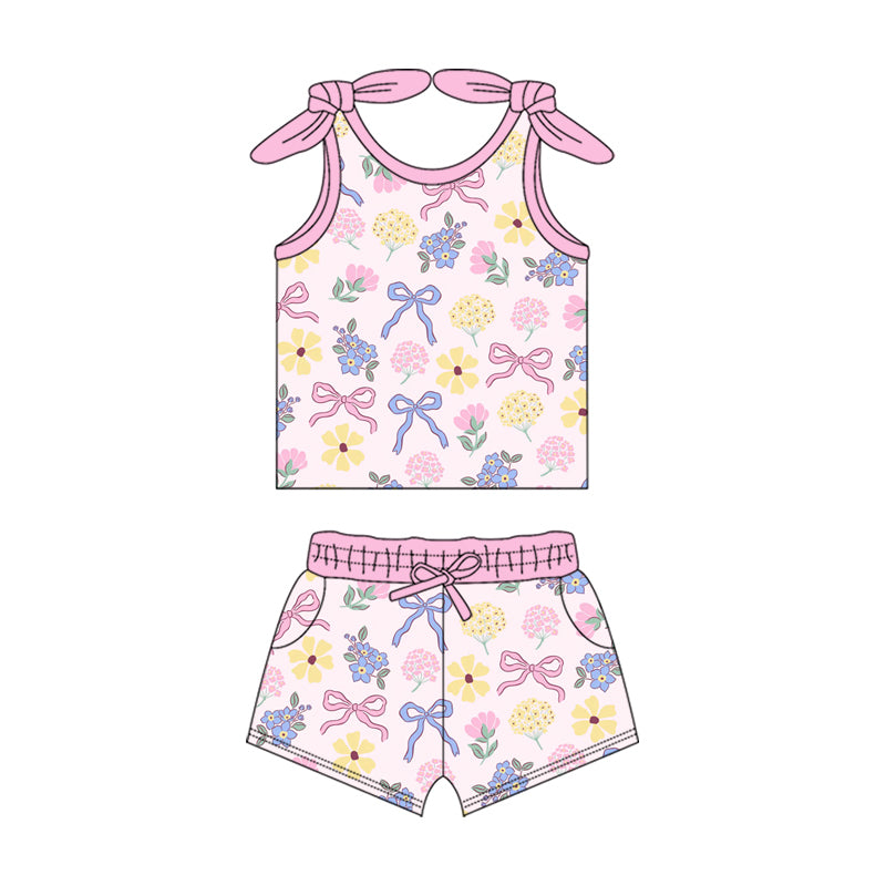 Preorder (moq 5)Baby Girls Pink Flowers Bows Summer Shirt Top Shorts Clothes Sets