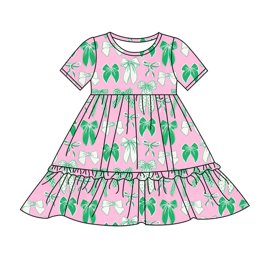 Preorder(moq 8)Baby Girls Pink Short Sleeve Green Bows St Patrick Ruffle Knee Length Dresses