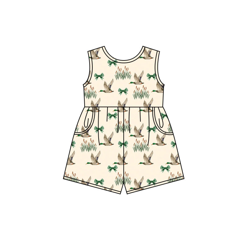 Preorder (moq 5)Baby Girls Mallard Ducks Bows Shorts Pockets Jumpsuits