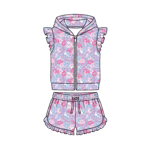 Preorder (moq 5)Baby Girls Colorful Floral Hoodie Zip Jacket Ruffle Short Clothes Sets
