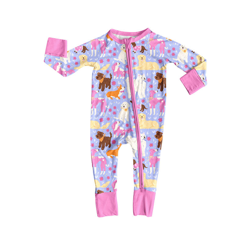 Preorder (moq 5)Baby Girls Flowers Dogs Valentine Zipper Footie Rompers