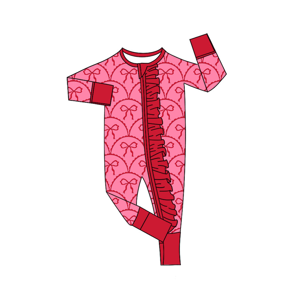 Preorder (moq 5)Baby Girls Red Bows Checked Valentine Ruffle Zipper Footie Rompers