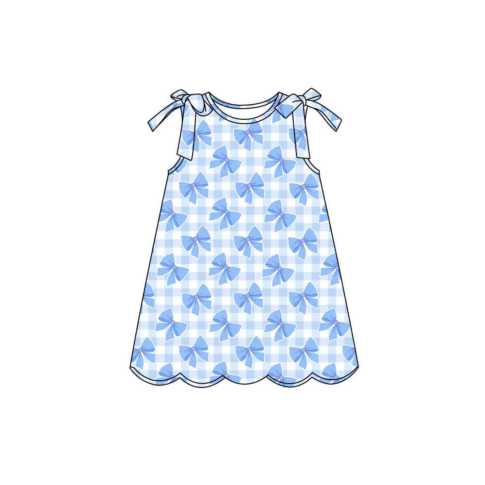 Preorder (moq 5)Baby Girls Sleeveless Blue Bows Checked Scallop Knee Length Dresses