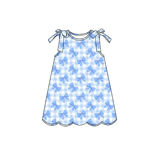 Preorder (moq 5)Baby Girls Sleeveless Blue Bows Checked Scallop Knee Length Dresses