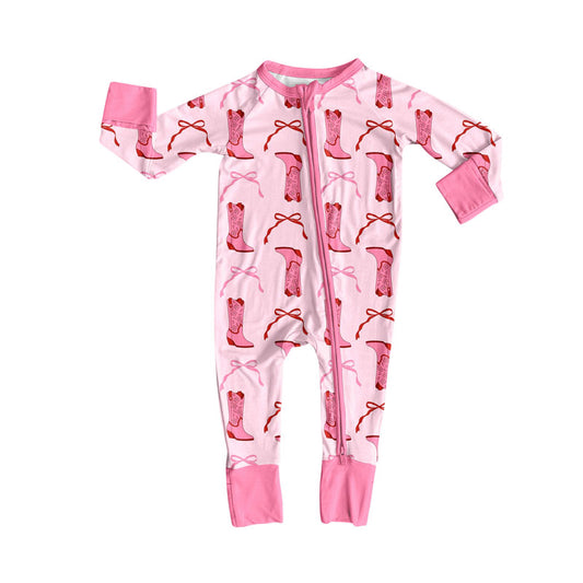 Preorder (moq 20)Baby Girls Bamboo Pink Bows Boots Valentine Zipper Footie Rompers
