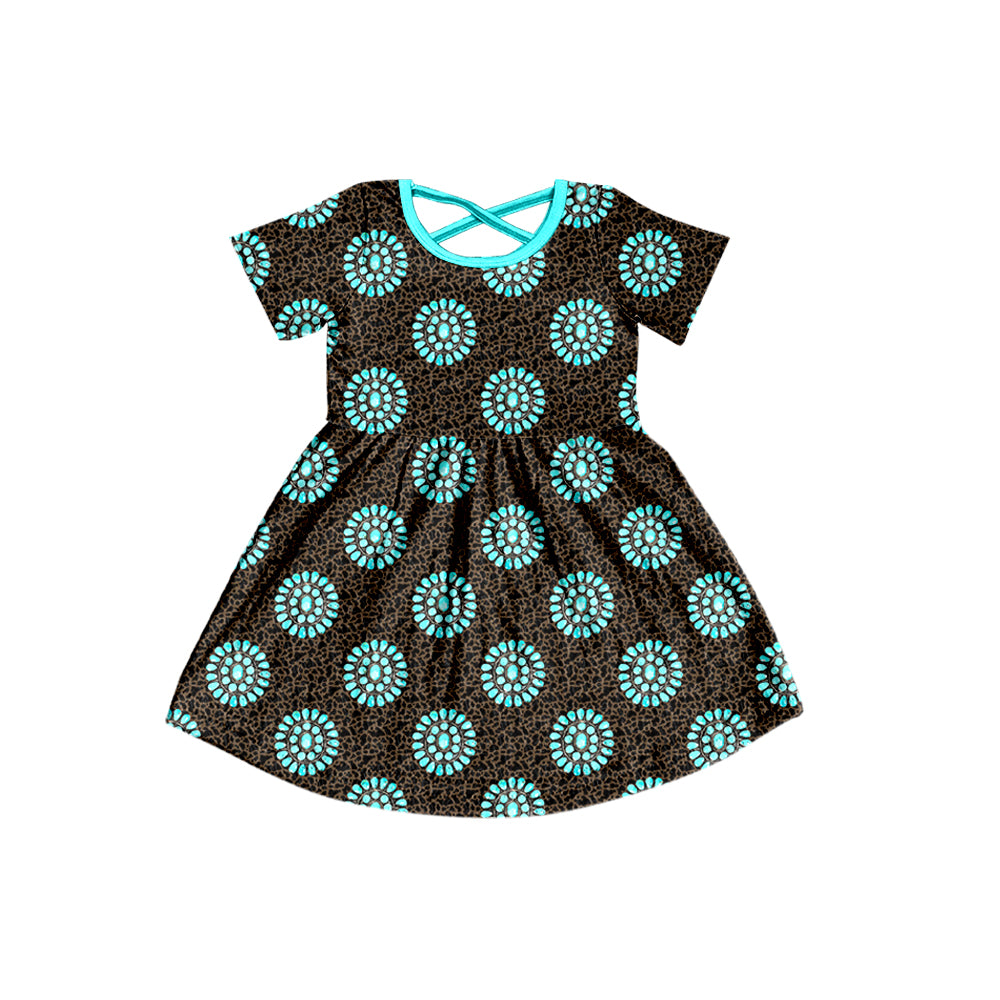 Preorder (moq 5)Baby Kids Short Sleeve Camo Turquoises Western Knee Length Dresses