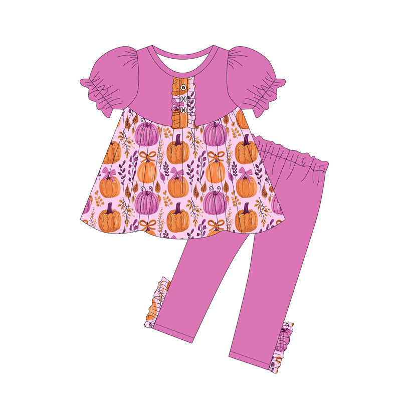 Preorder (moq 5)Baby Girls Hot Pink Short Ruffle Sleeves Floral Pumpkins Button Tunic Legging Pant Sets