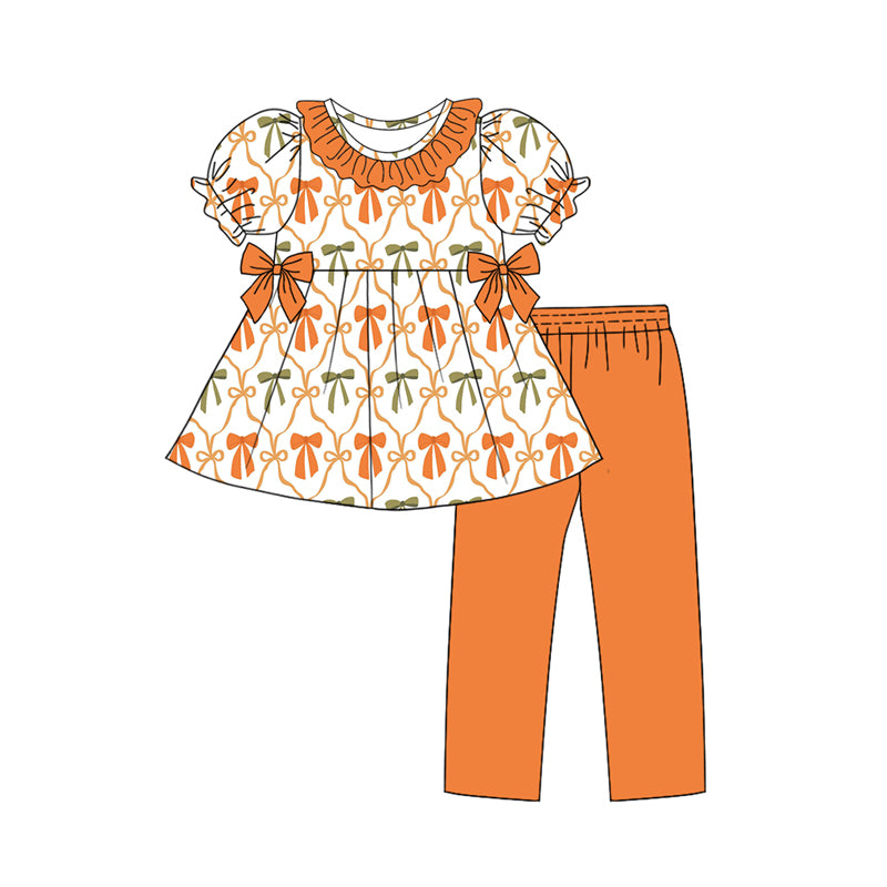 Preorder (moq 5)Baby Girls Orange Short Ruffle Sleeves Colorful Bows Plaid Tunic Legging Pant Set