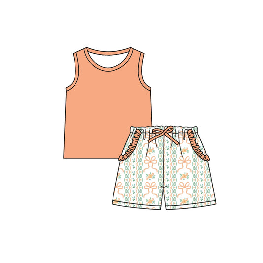 Preorder (moq 5)Baby Girls Khaki Sleeveless Shirt Bows Stripe Ruffle Pockets Shorts Clothes Sets