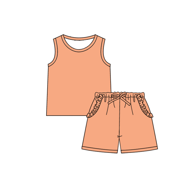 Preorder (moq 5)Baby Girls Khaki Sleeveless Shirt Ruffle Pockets Shorts Clothes Sets