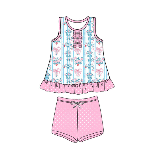 Preorder (moq 5)Baby Girls Pink Sleeveless Button Bows Floral Stripe Tunic Polka Dots Short Set