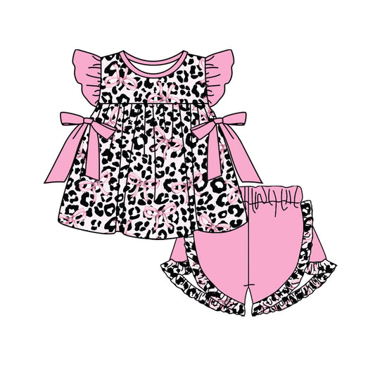 Baby Girls Pink Leopard Bows Tunic Top Ruffle Shorts Clothes Sets preorder(MOQ 5)