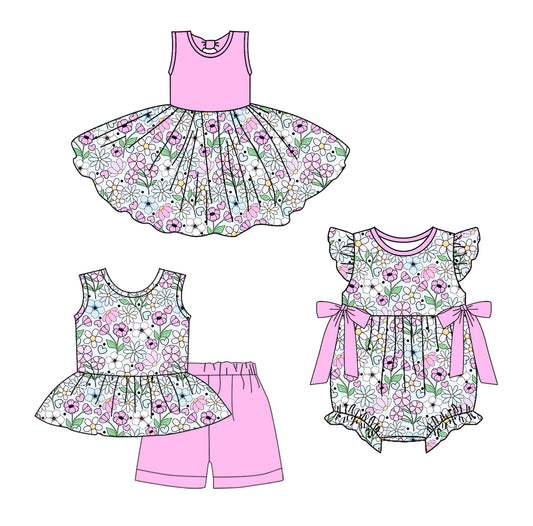 Preorder moq 5 Custom Baby Girls Pink Sleeveless Floral Tunic Short Set Knee Length Dress Ruffle Romper