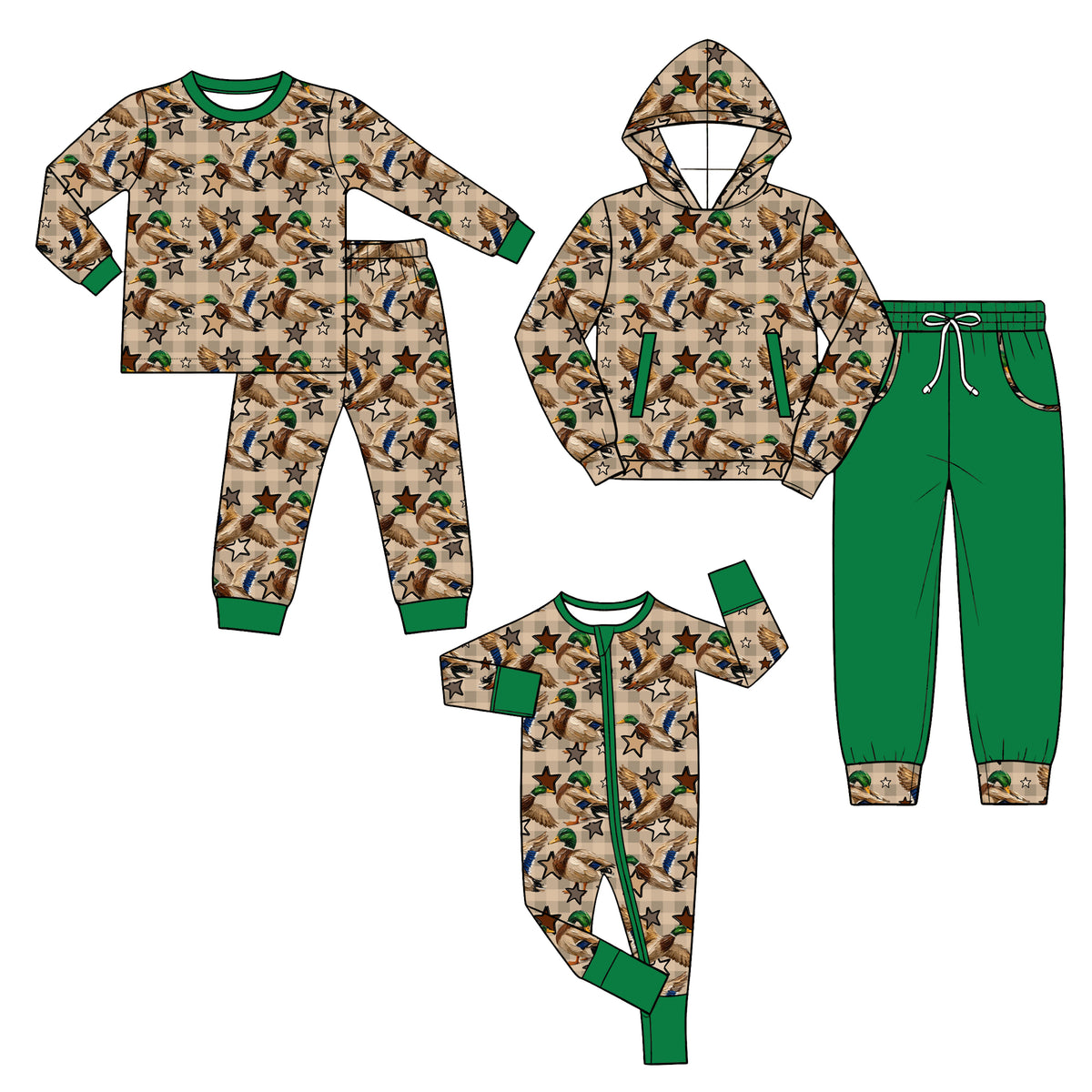 Preorder (moq 5) Baby Boy Clothes Mallard Duck Star Plaid Print Hoodie Top Green Jogger Pants Outfit Set