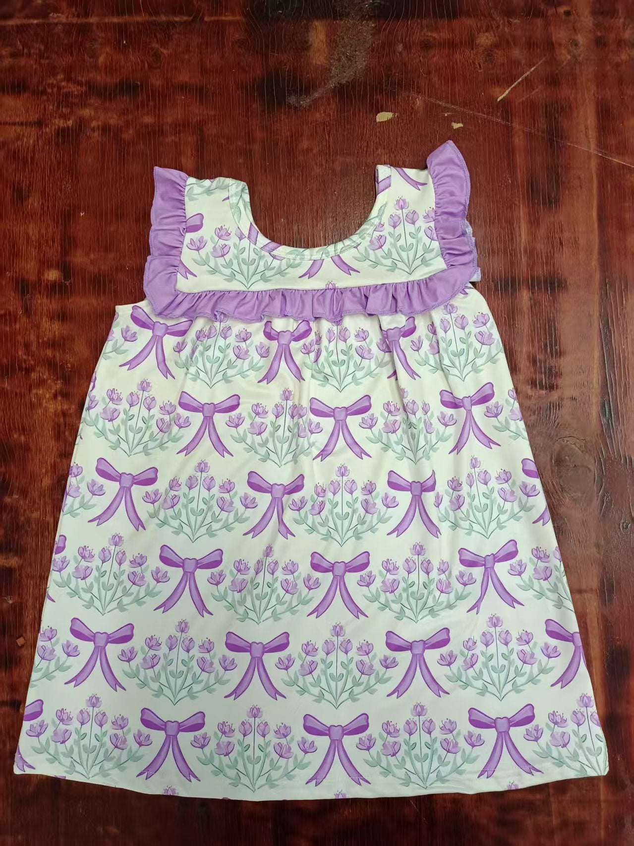 Preorder moq 5 Baby Girls Sleeveless Purple Bows Floral Knee Length Dresses
