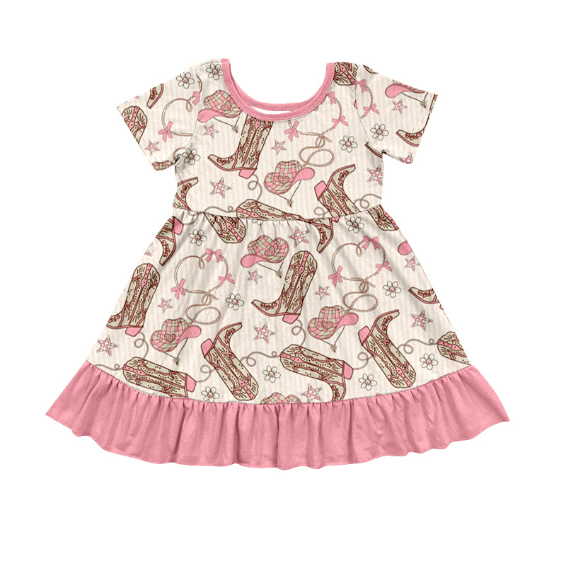 Preorder (moq 5)Baby Girls Western Pink Boots Hats Ruffle Knee Length Dresses