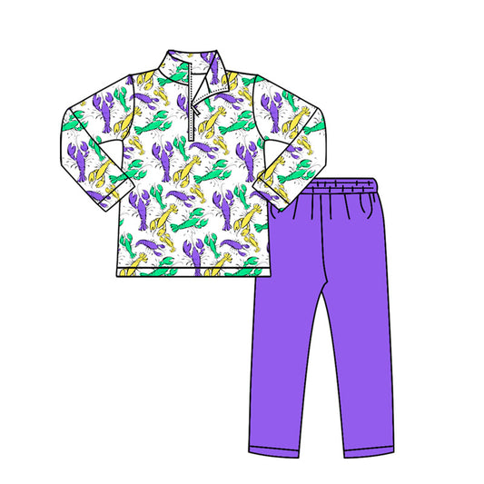 Preorder(moq 8)Baby Boys Mardigras Crayfishes Zip Pullover Top Leggings Pant Clothes Sets