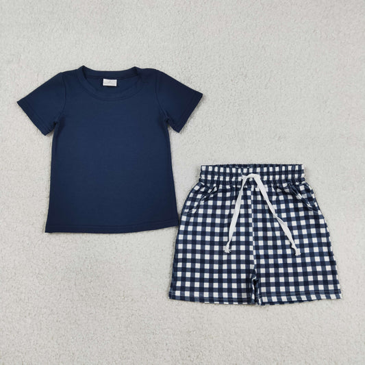 Baby Boys Navy Short Sleeve Shirts Top Checked Pockets Short Clothes Sets