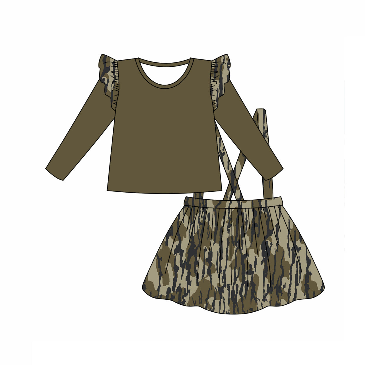 Baby Girls Green Top Bottomland Camo Suspender Skirt Clothes Sets preorder(MOQ 5)