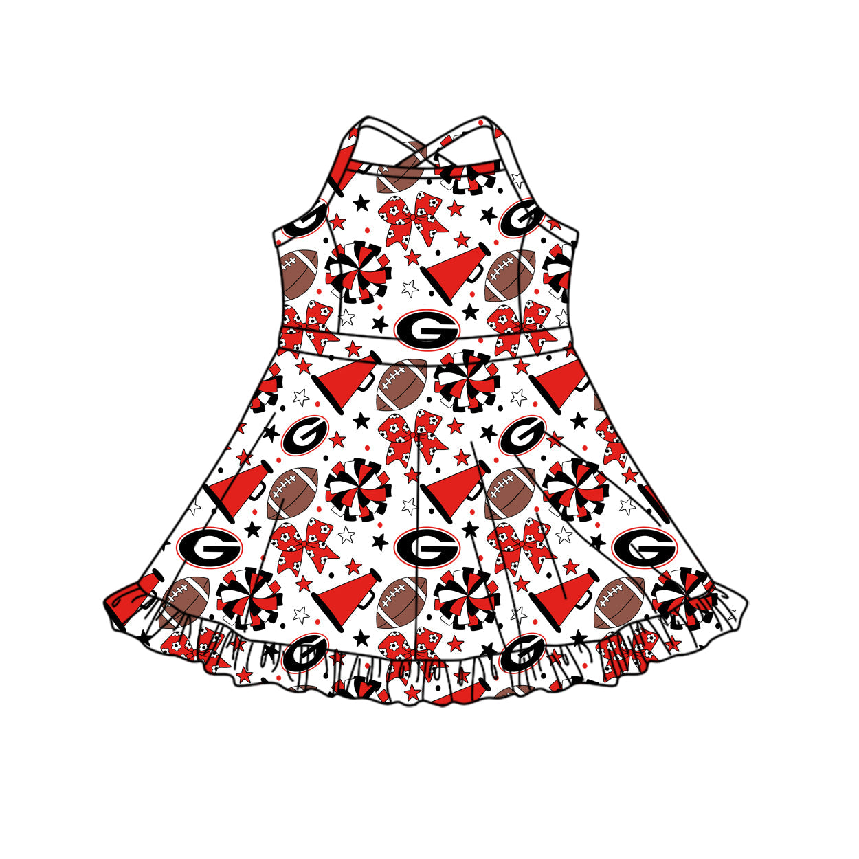 Preorder (moq 5)Baby Girls Strap Bows Stars Footballs Team Shorts Ruffle Knee Length Dress