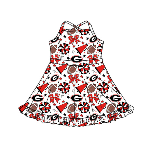 Preorder (moq 5)Baby Girls Strap Bows Stars Footballs Team Shorts Ruffle Knee Length Dress