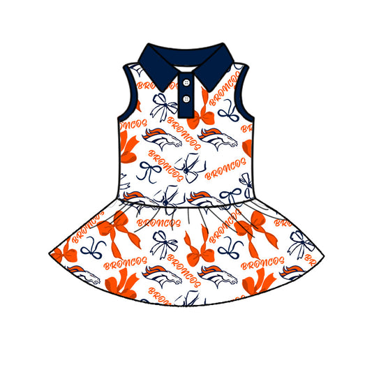 Preorder (moq 5)Baby Girls Sleeveless Button Orange Broncos Bows Shorts Team Knee Length Dresses