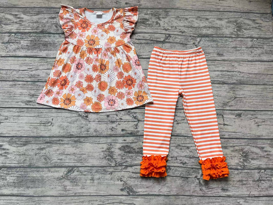 Baby Girls Orange Flowers Stripes Pants Clothes Sets