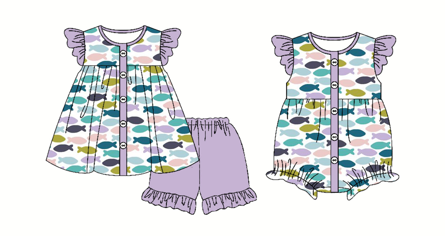 Preorder moq 5 Custom Baby Girls Lavender Flutter Sleeves Button Colorful Fishes Tunic Ruffle Short Set Rompers