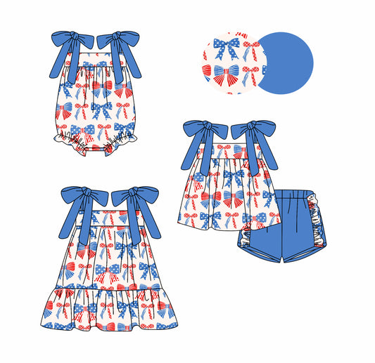 Preorder moq 5 Custom Baby Girls Blue Strap Red Bows Tunic Ruffle Short 4th Of July Set Knee Length Dress And Rompers