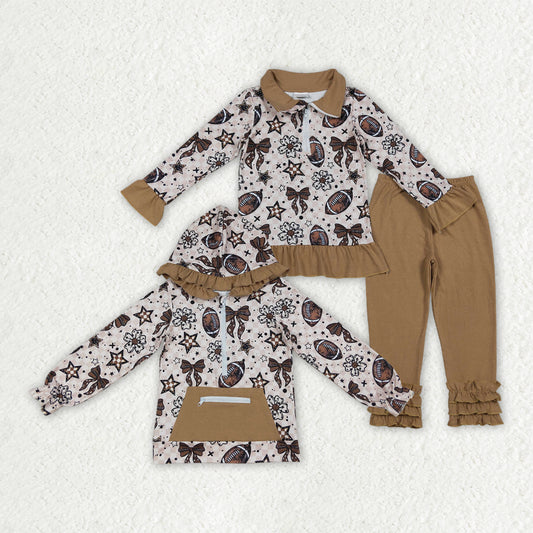 Sibling Baby Girls Bows Footballs Zip Pullover Top Pants Team Clothes Sets Ruffle Hoodies Top
